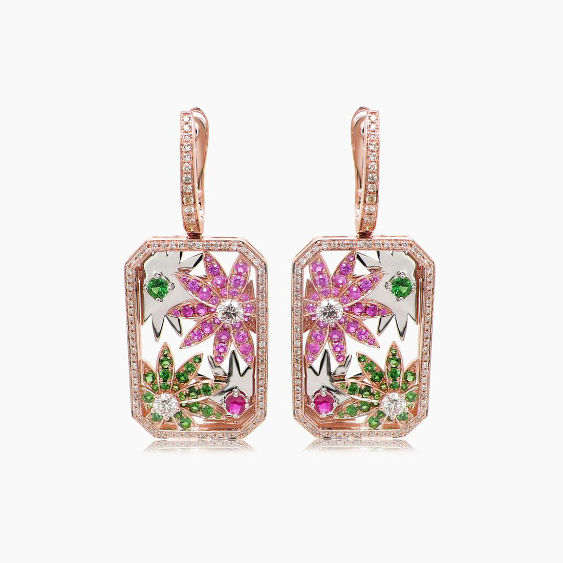Multi-Colour Sapphire &amp; Fancy Diamond Flower Floral 18K Rose Gold Earrings