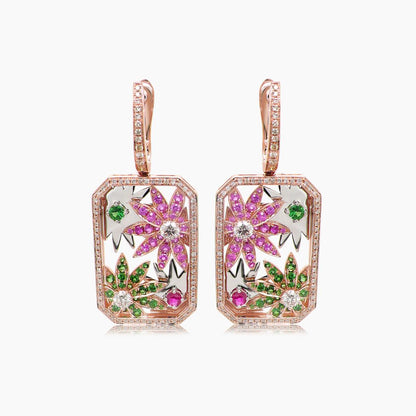 Multi-Colour Sapphire & Fancy Diamond Flower Floral 18K Rose Gold Earrings