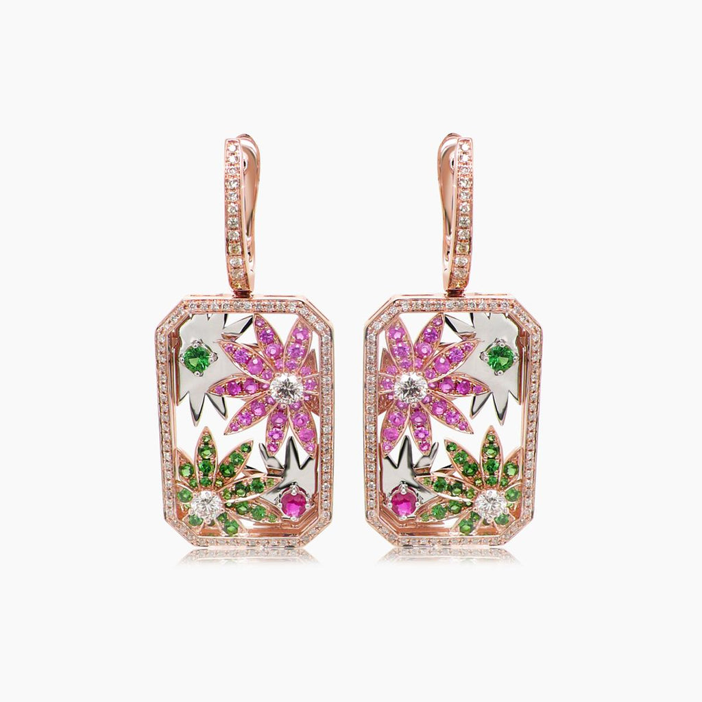 Multi-Colour Sapphire & Fancy Diamond Flower Floral 18K Rose Gold Earrings