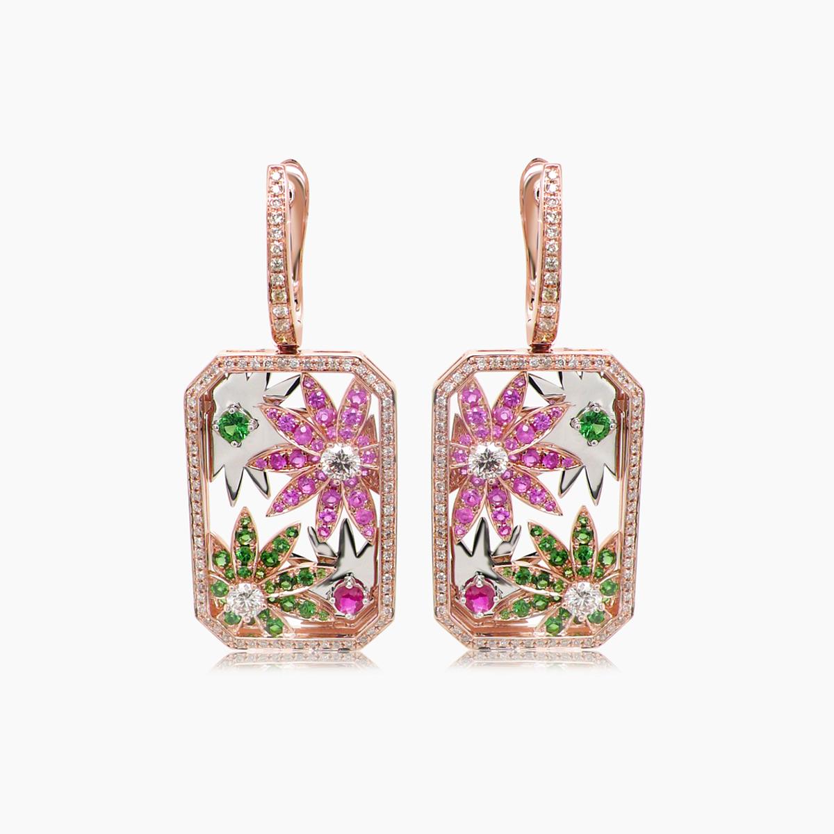 Multi-Colour Sapphire & Fancy Diamond Flower Floral 18K Rose Gold Earrings