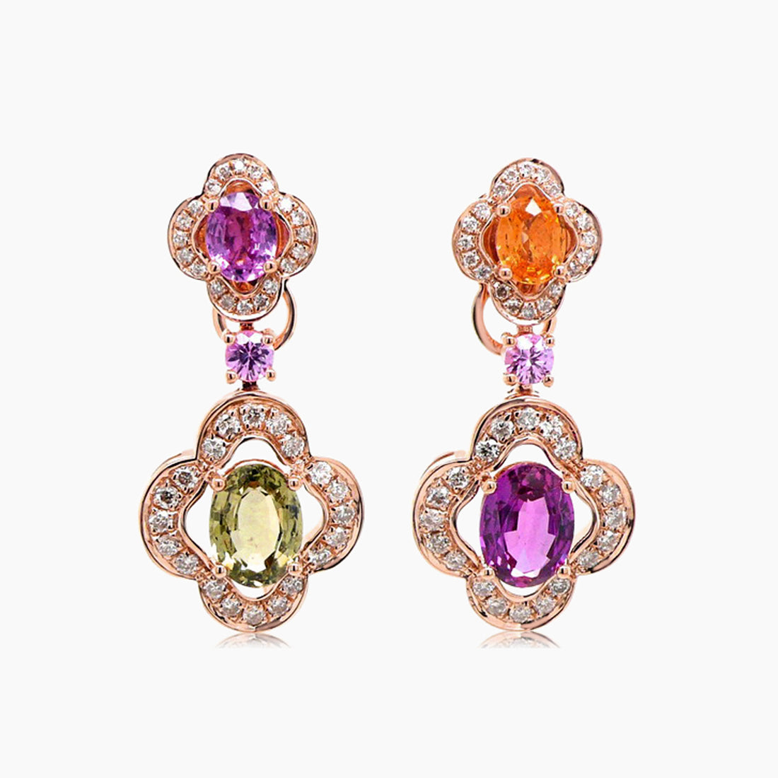 Oval Multi-Color Sapphire Pink & Green Sapphire & Diamond 18K Rose Gold Earrings