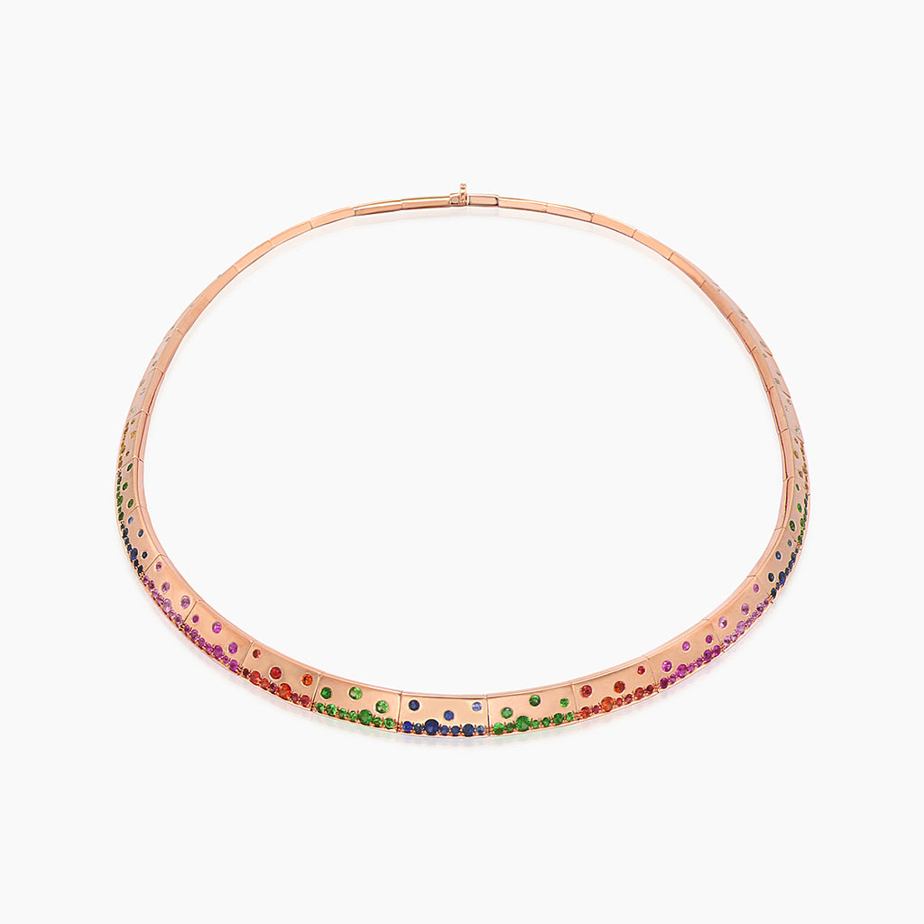 Rainbow Multi-Color Sapphire Green Garnet & Diamond Rose Gold Armor Bib Necklace