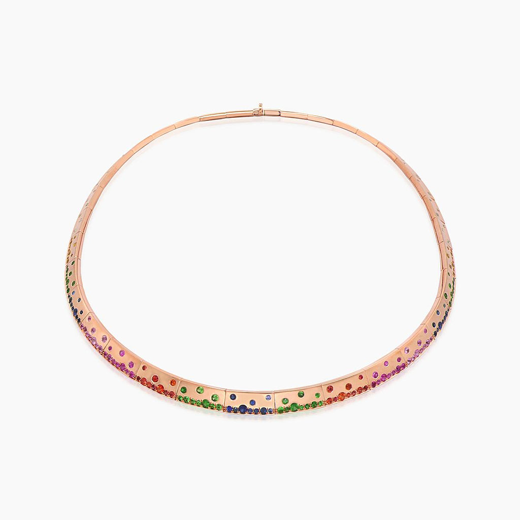 Rainbow Multi-Color Sapphire Green Garnet & Diamond Rose Gold Armor Bib Necklace
