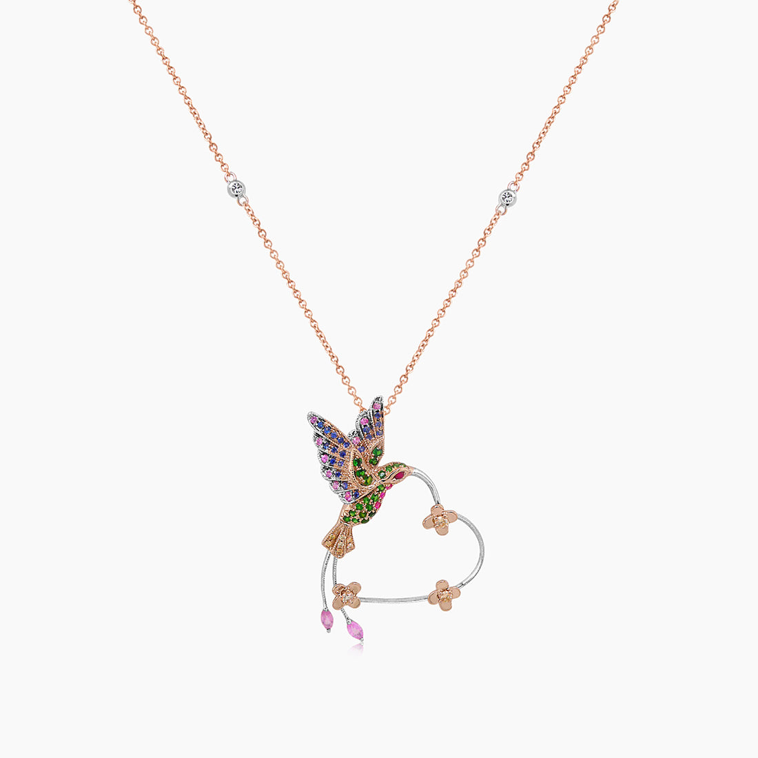 Multicolor Sapphire Gemstone & Diamond Hummingbird Rose Gold Pendant Necklace