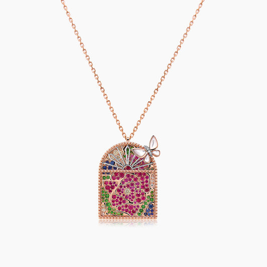 Multi-Gem & Sapphire Ruby Diamond Nature Floral Butterfly Gold Pendant Necklace