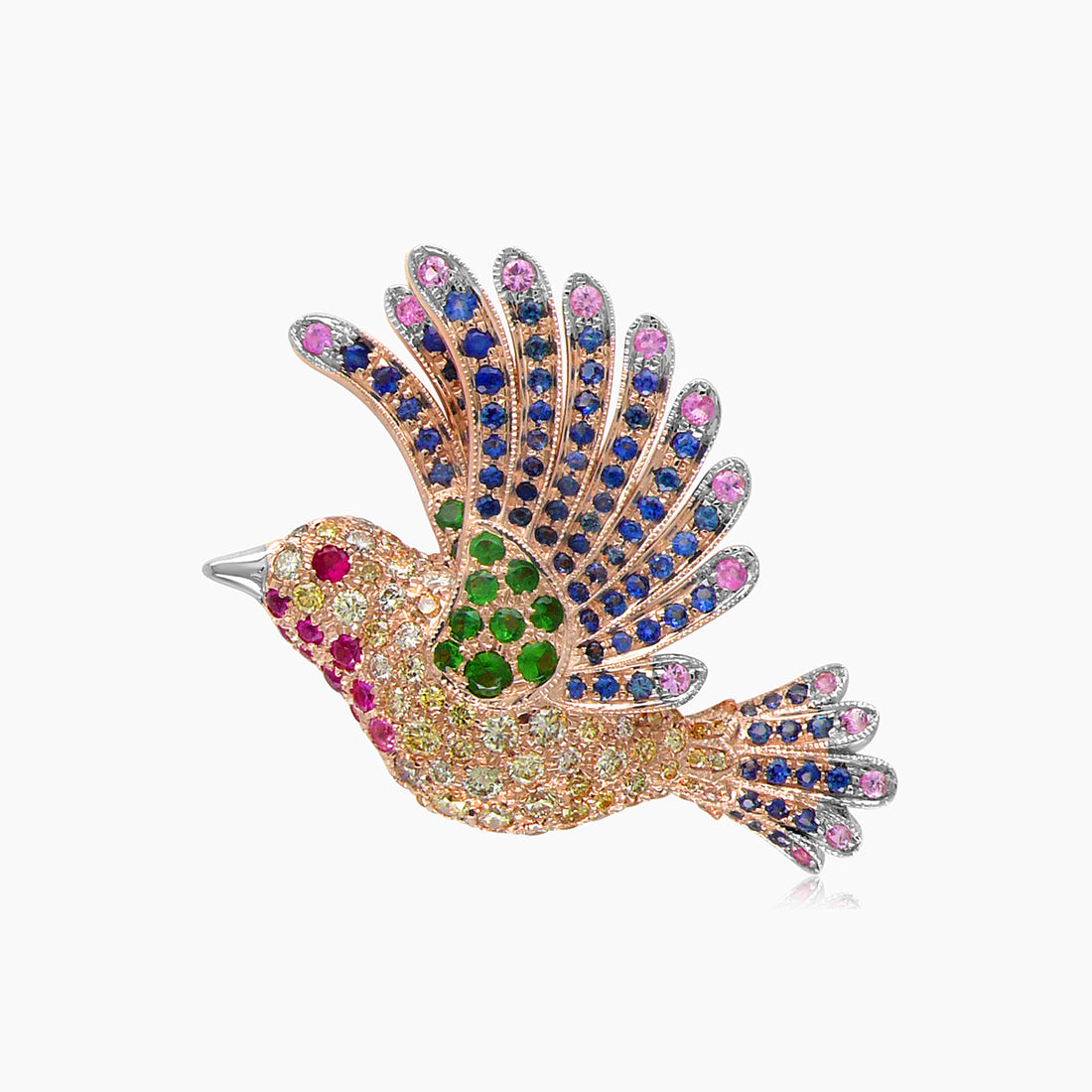 Multicolor Sapphire & Gemstone & Diamond Pave Dove Bird 18K Rose Gold Pendant