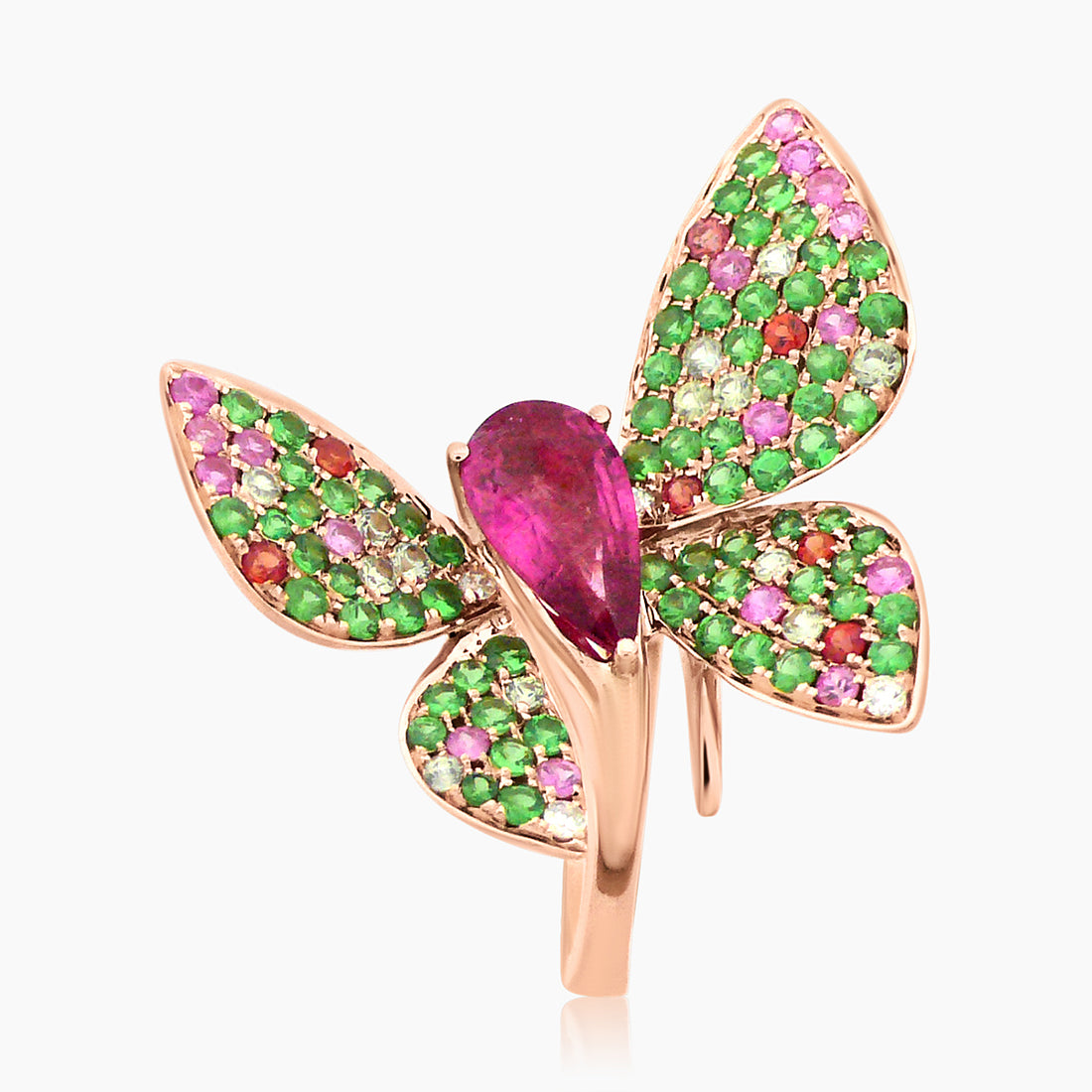 Green Multi Color Gem Pave Pink Tourmaline Butterfly Sweet Rose Gold Animal Ring