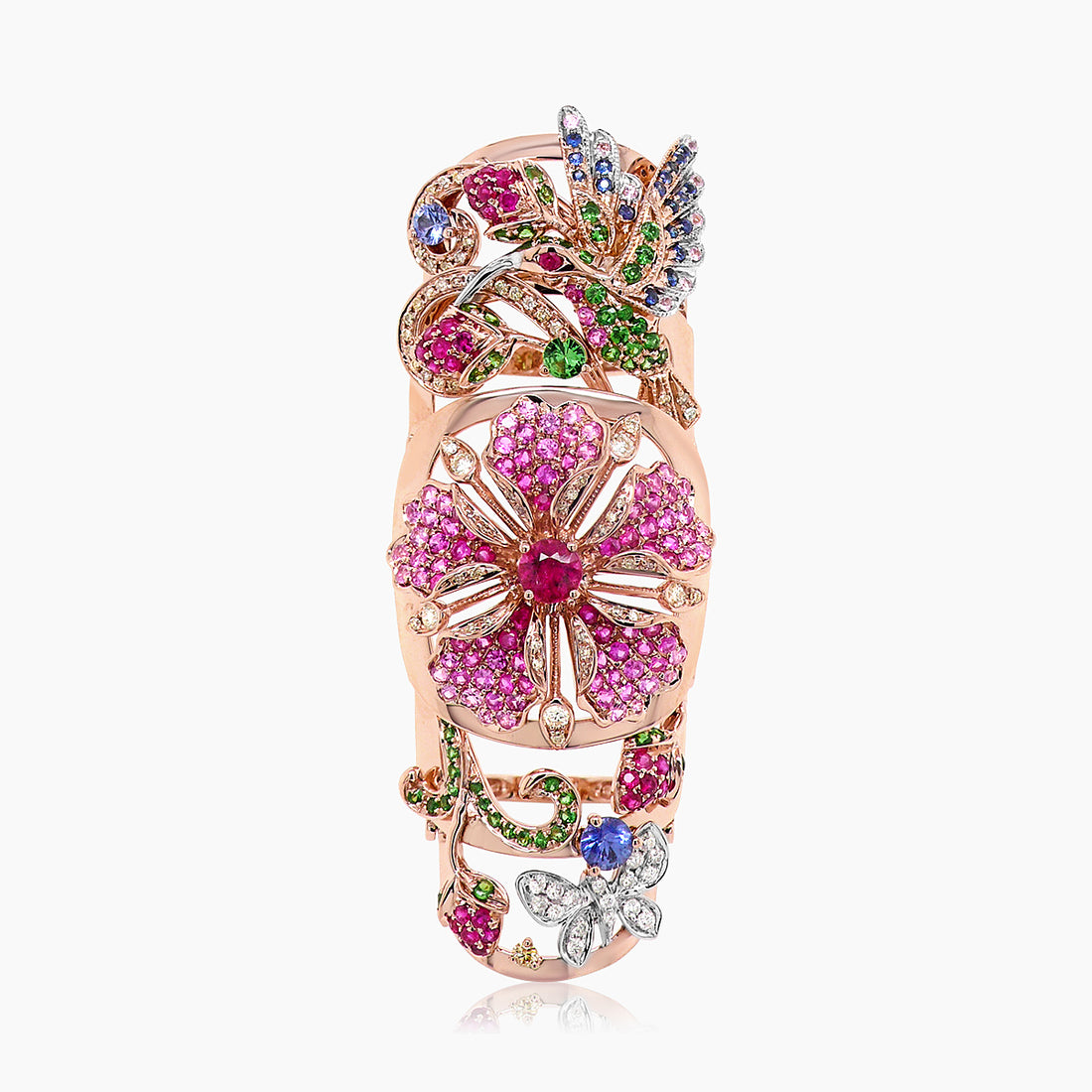 Ruby Pink Sapphire & Multi-Gemstone Floral 18K Rose Gold Full Finger Ring