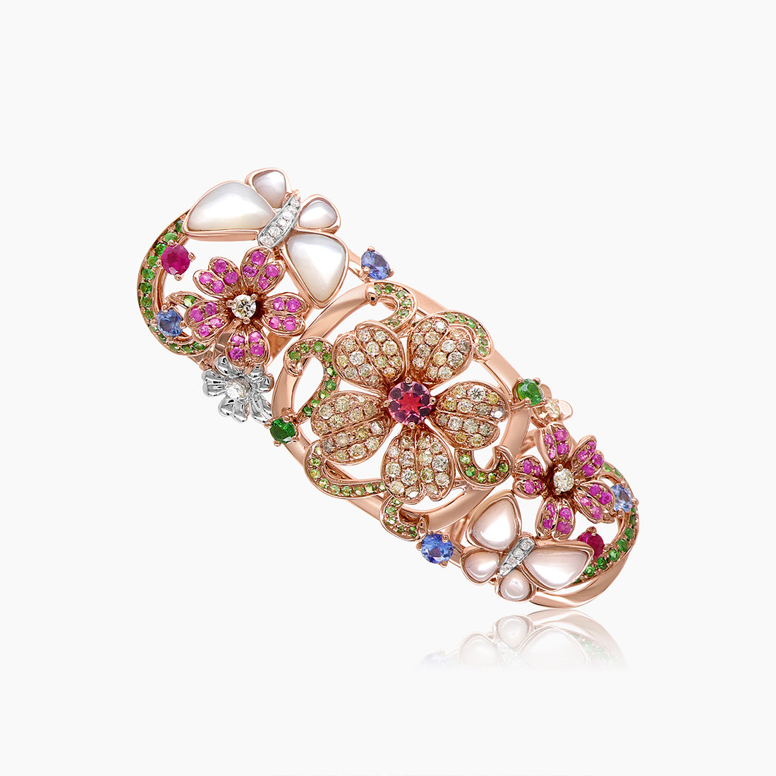 Multi Color Rainbow Gem & Fancy Diamond  lower 18K Rose Gold Full Finger Ring