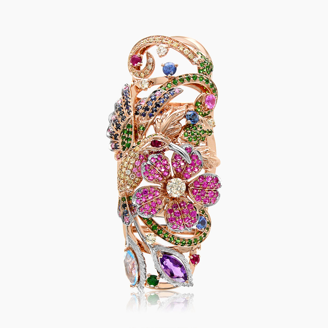 Pink Sapphire & Gemstone & Diamond Pave Hummingbird Flower Rose Gold Animal Ring
