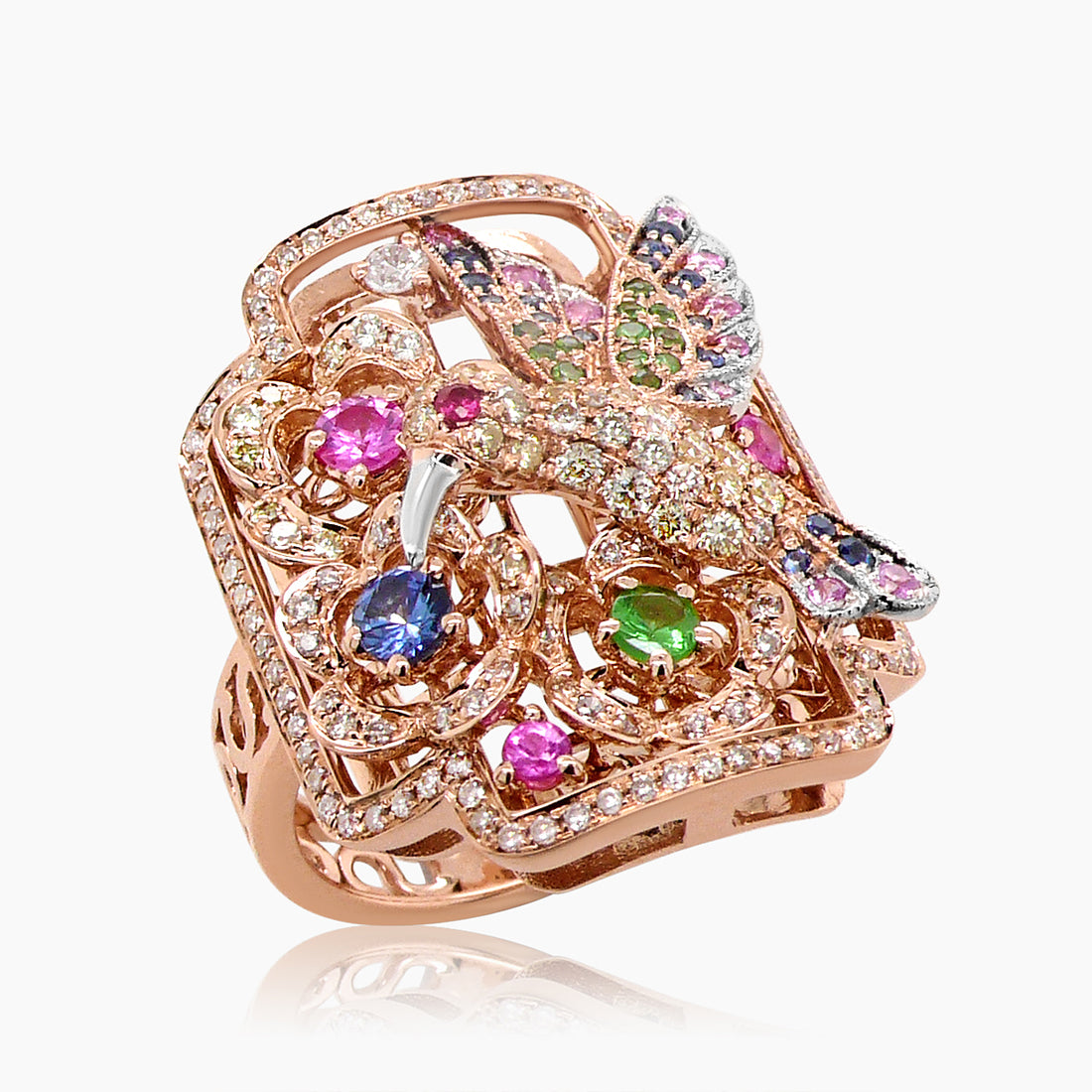 Multicolor Sapphire & Diamond Pave Hummingbird Flower 18K Rose Gold Animal Ring