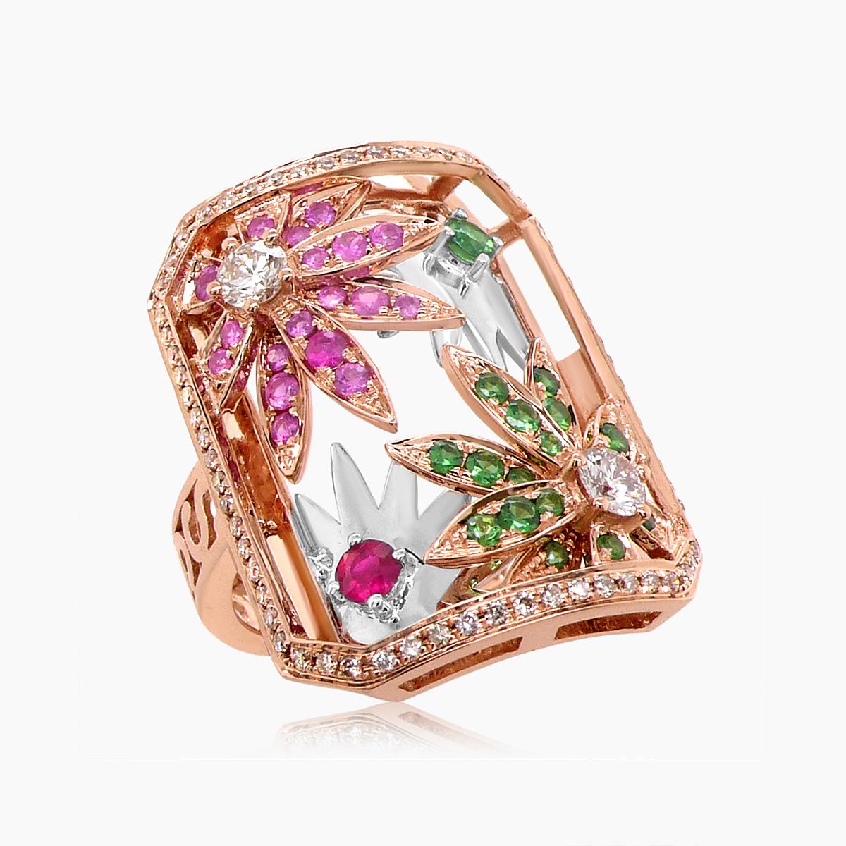 multi-colour sapphire ruby & diamond floral flower 18k rose gold ring