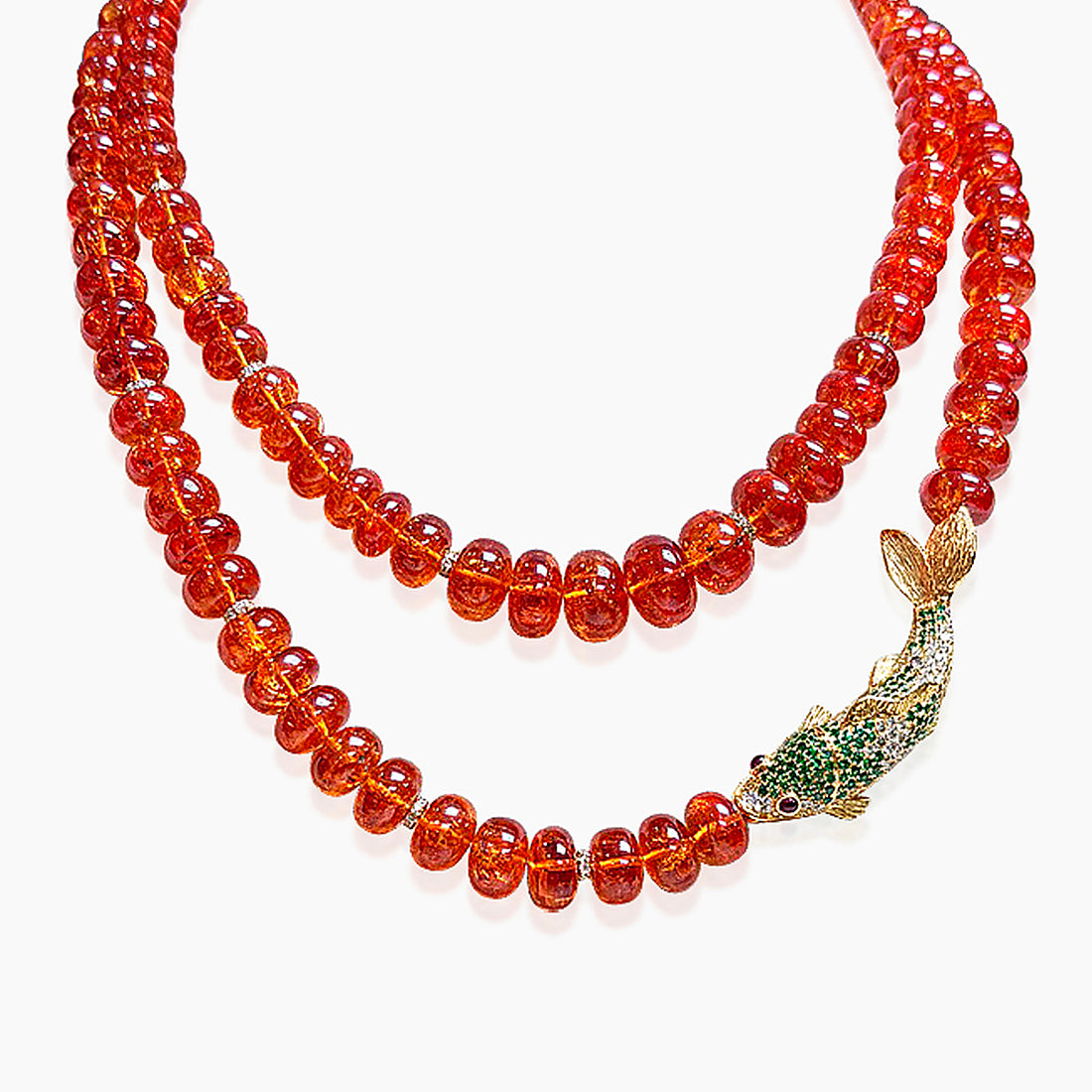 Fish Fancy Diamond Mandarin & Green Garnet & Ruby 18K Gold Beads Necklace