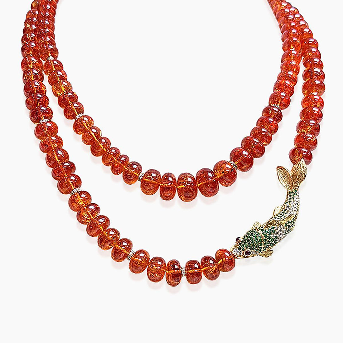 Fish Fancy Diamond Mandarin &amp; Green Garnet &amp; Ruby 18K Gold Beads Necklace