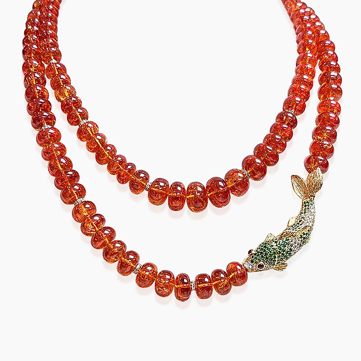 Fish Fancy Diamond Mandarin & Green Garnet & Ruby 18K Gold Beads Necklace
