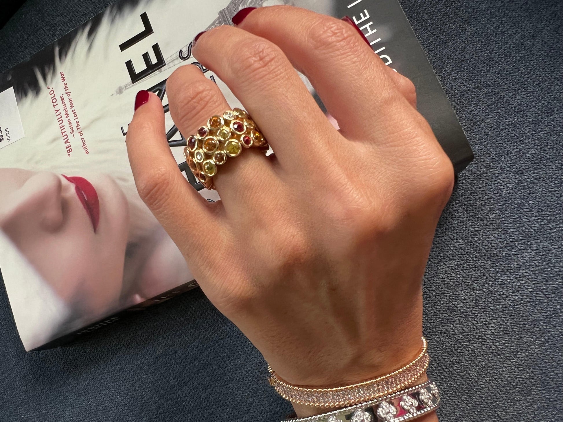 Modern Round Sapphires, Rubies & Diamonds Ring Set in 18K Yellow Gold