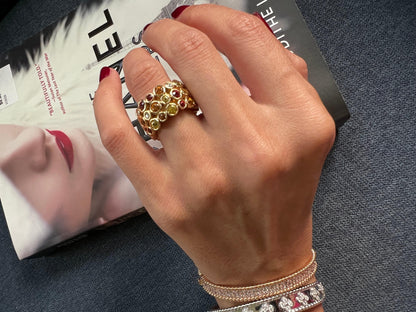 Modern Round Sapphires, Rubies & Diamonds Ring Set in 18K Yellow Gold