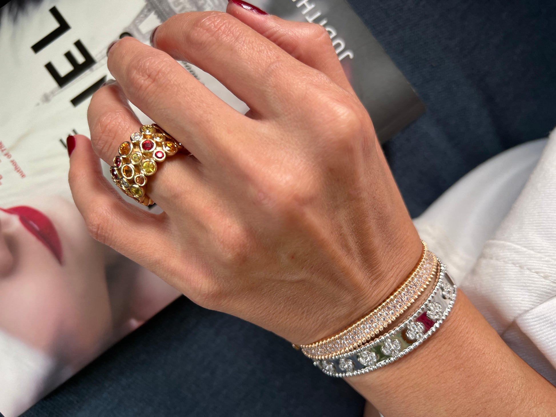 Modern Round Sapphires, Rubies & Diamonds Ring Set in 18K Yellow Gold