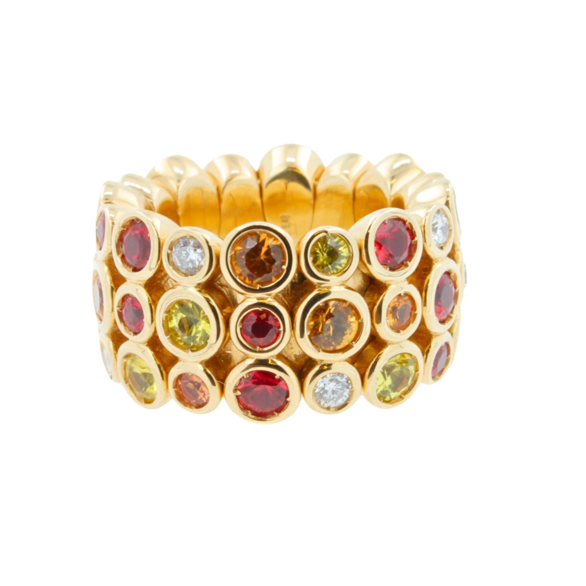Modern Round Sapphires, Rubies & Diamonds Ring Set in 18K Yellow Gold