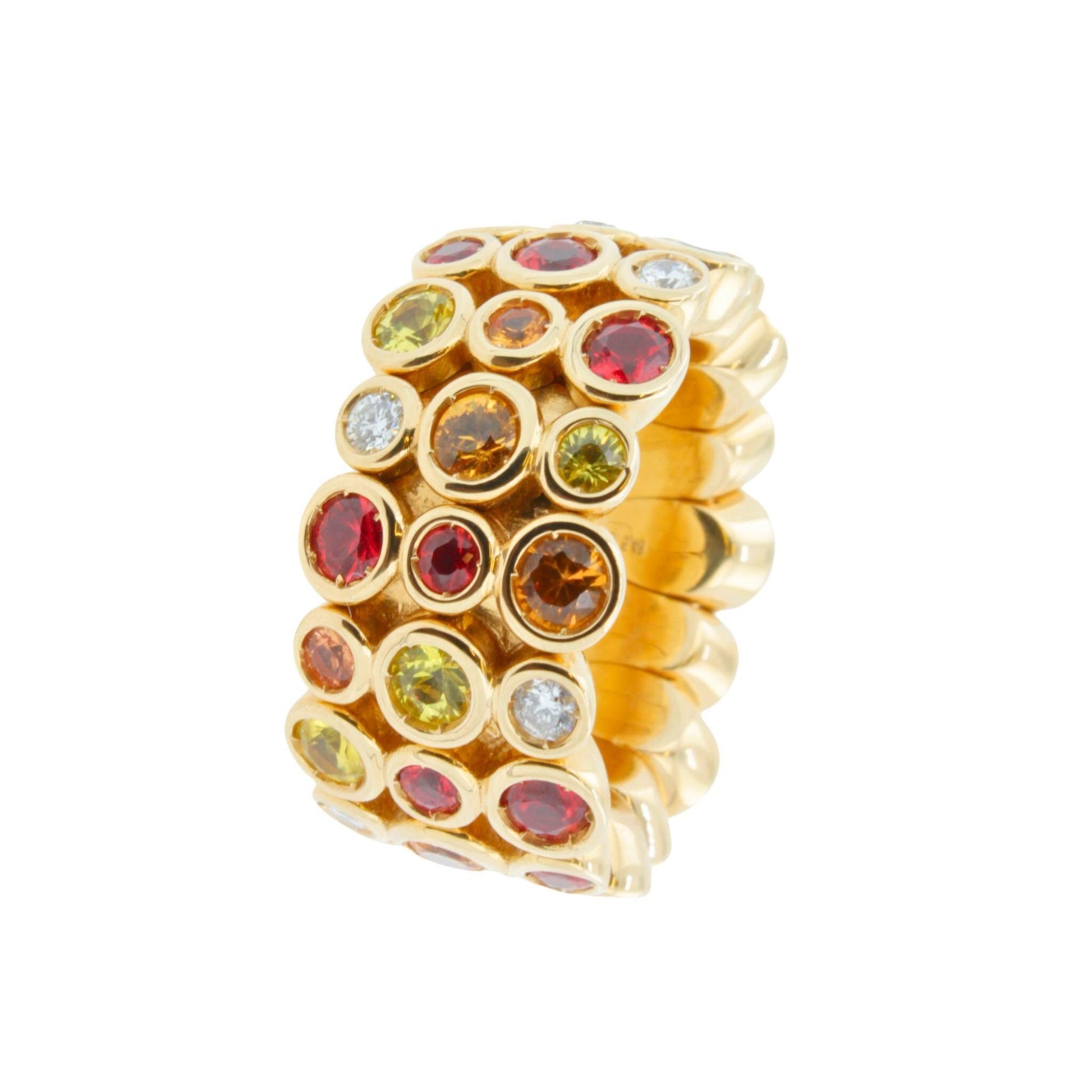Modern Round Sapphires, Rubies & Diamonds Ring Set in 18K Yellow Gold