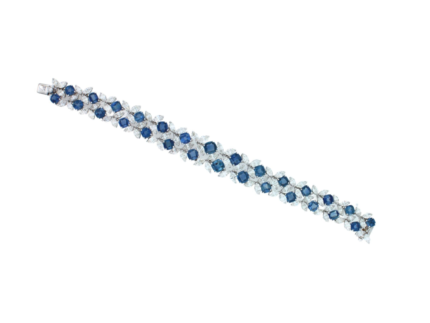 Multi Cushion Shape Blue Sapphire Diamond 18 Karat White Gold Tennis Bracelet
