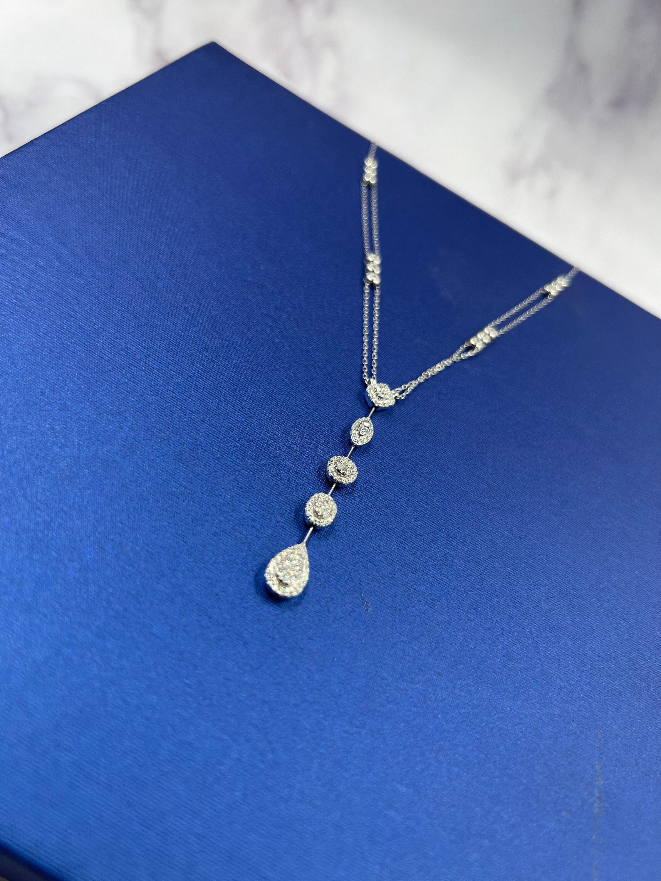 Multi Shape Halo Pave Diamond 18 Karat White Gold Pendant Drop Lariat Necklace