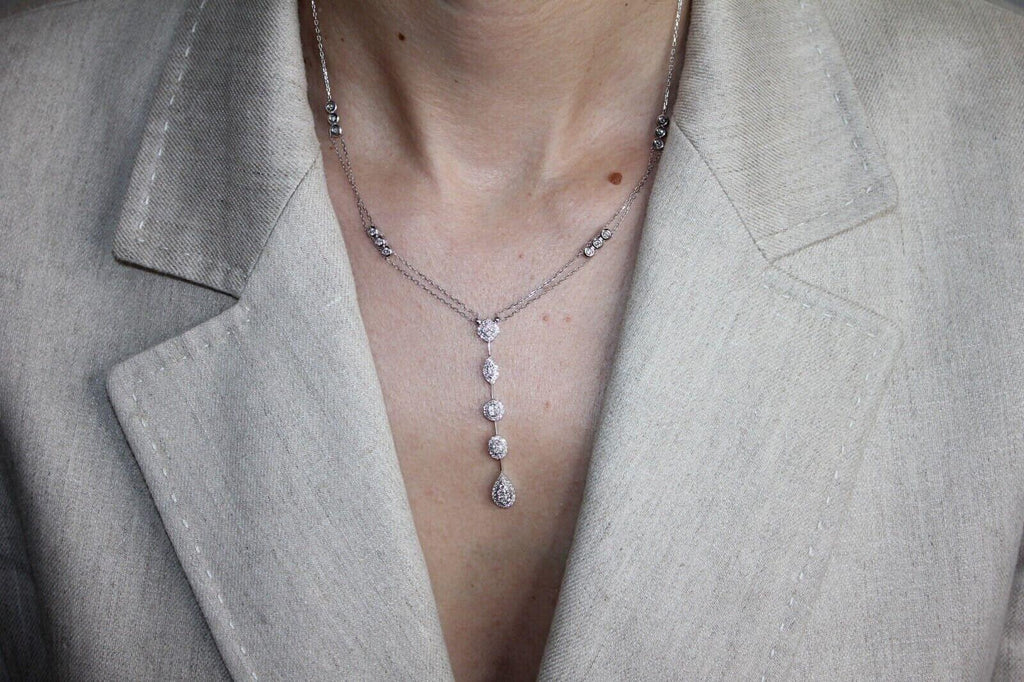 Multi Shape Halo Pave Diamond 18 Karat White Gold Pendant Drop Lariat Necklace