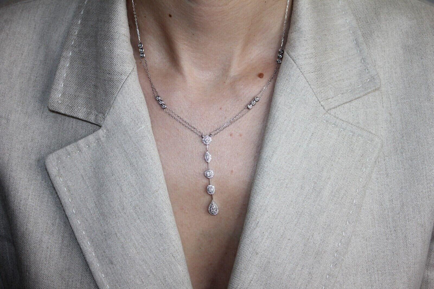 Multi Shape Halo Pave Diamond 18 Karat White Gold Pendant Drop Lariat Necklace