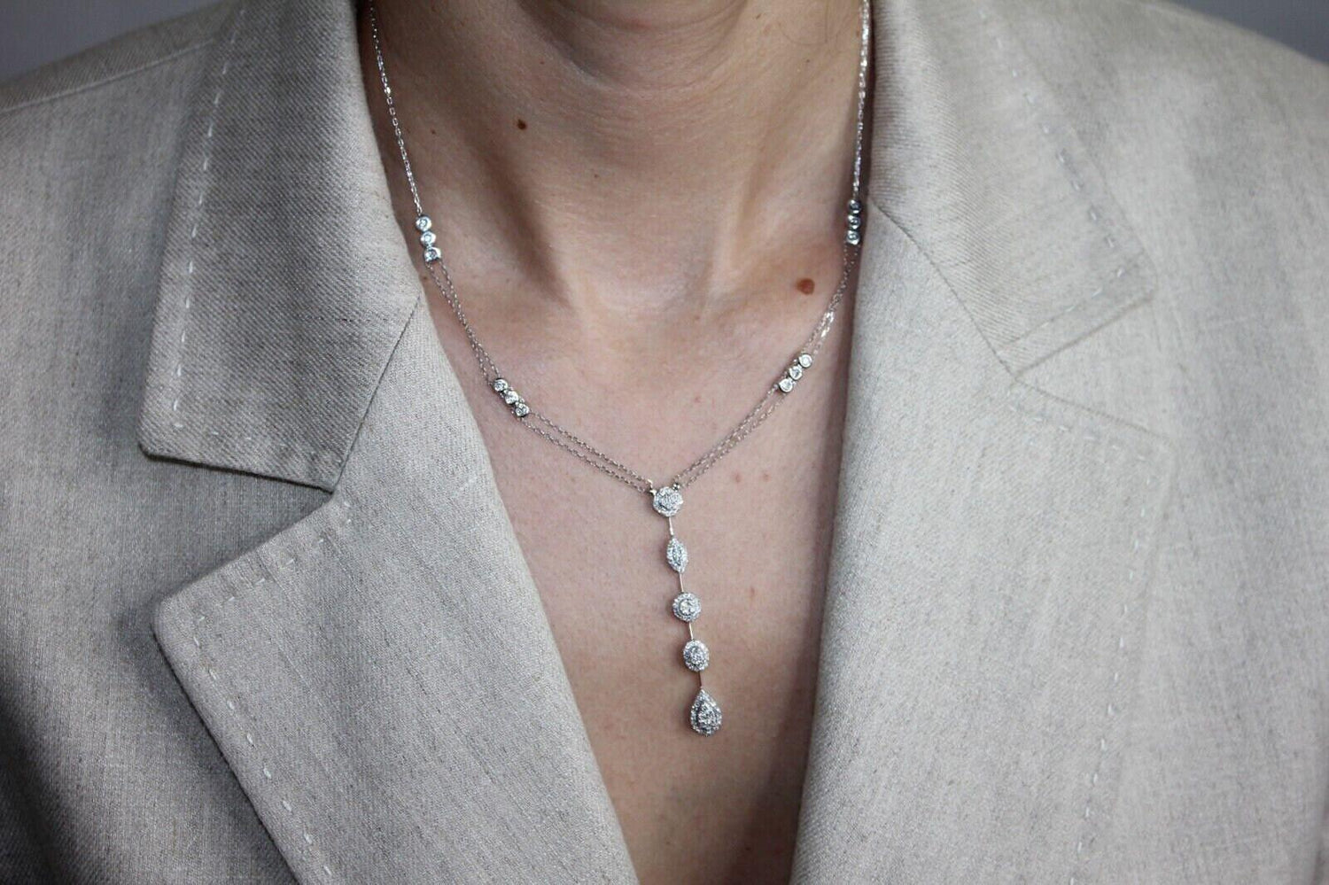 Multi Shape Halo Pave Diamond 18 Karat White Gold Pendant Drop Lariat Necklace