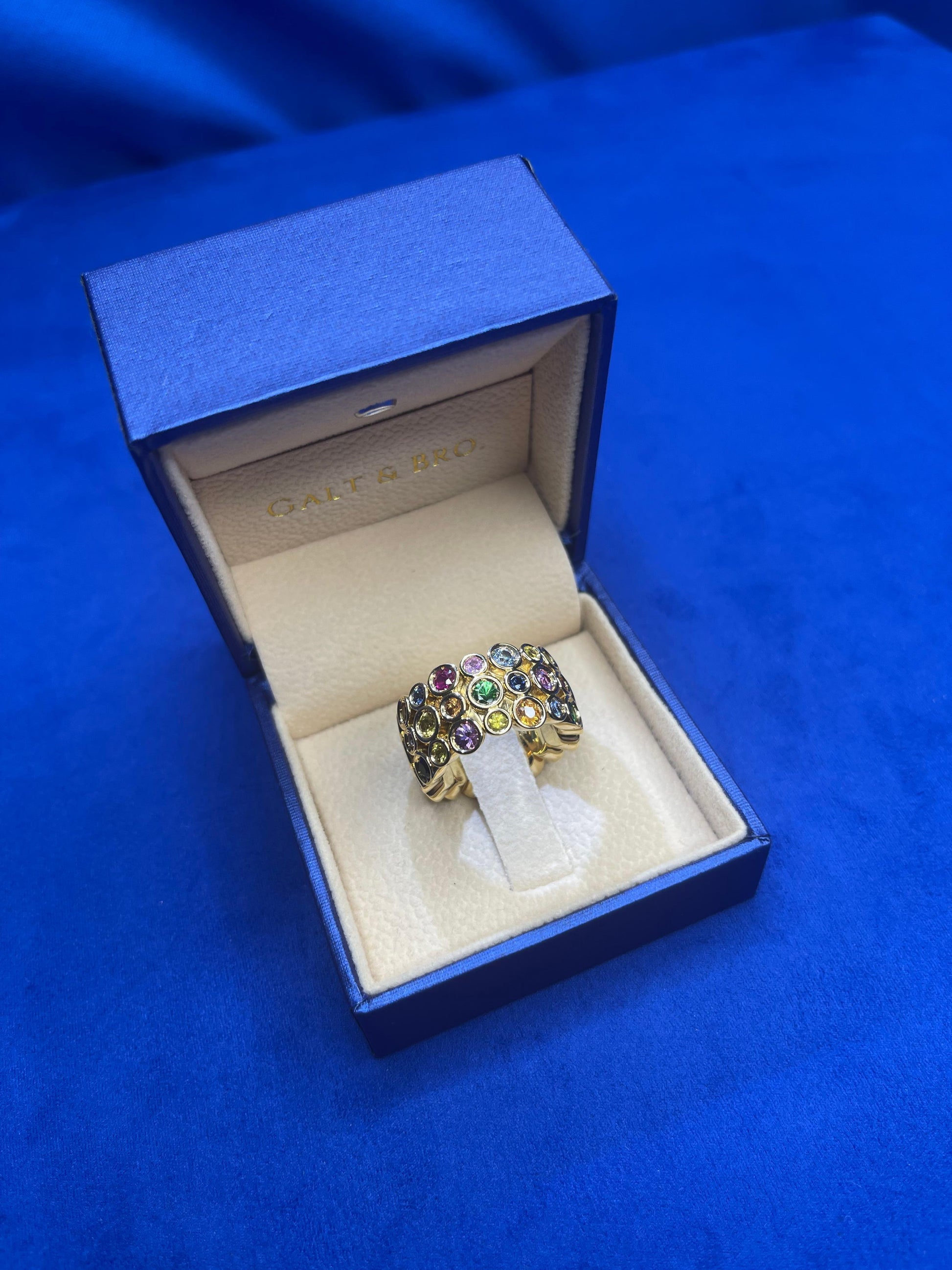 Multicolor Rainbow Sapphire Gemstone Bezel Eternity Band 18K Yellow Gold Ring
