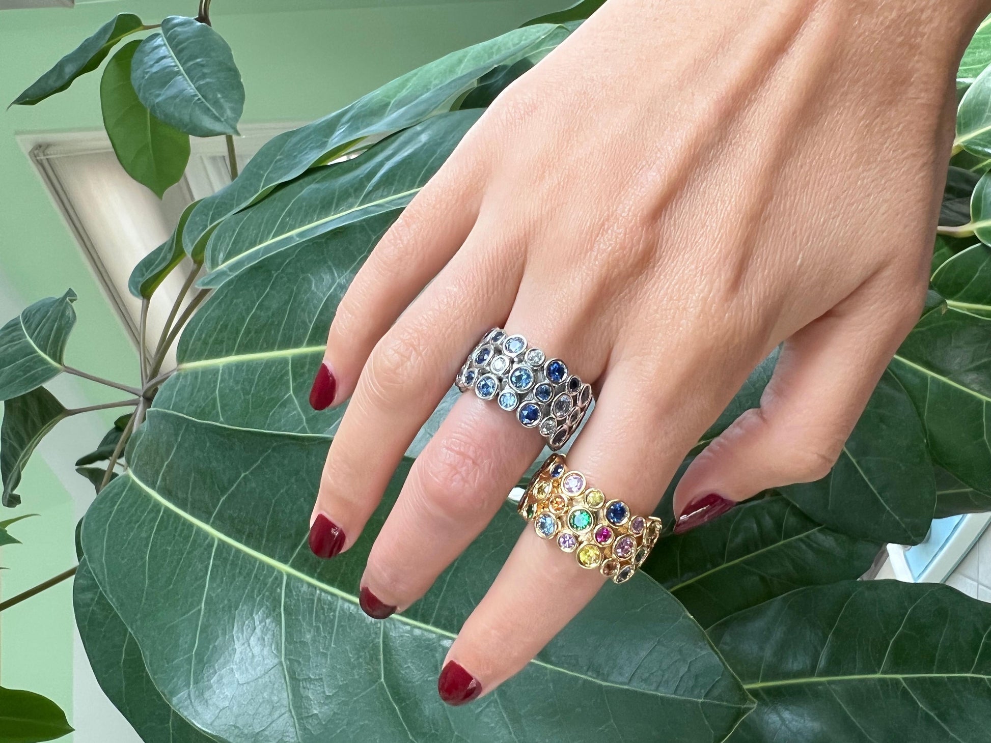 Multicolor Rainbow Sapphire Gemstone Bezel Eternity Band 18K Yellow Gold Ring