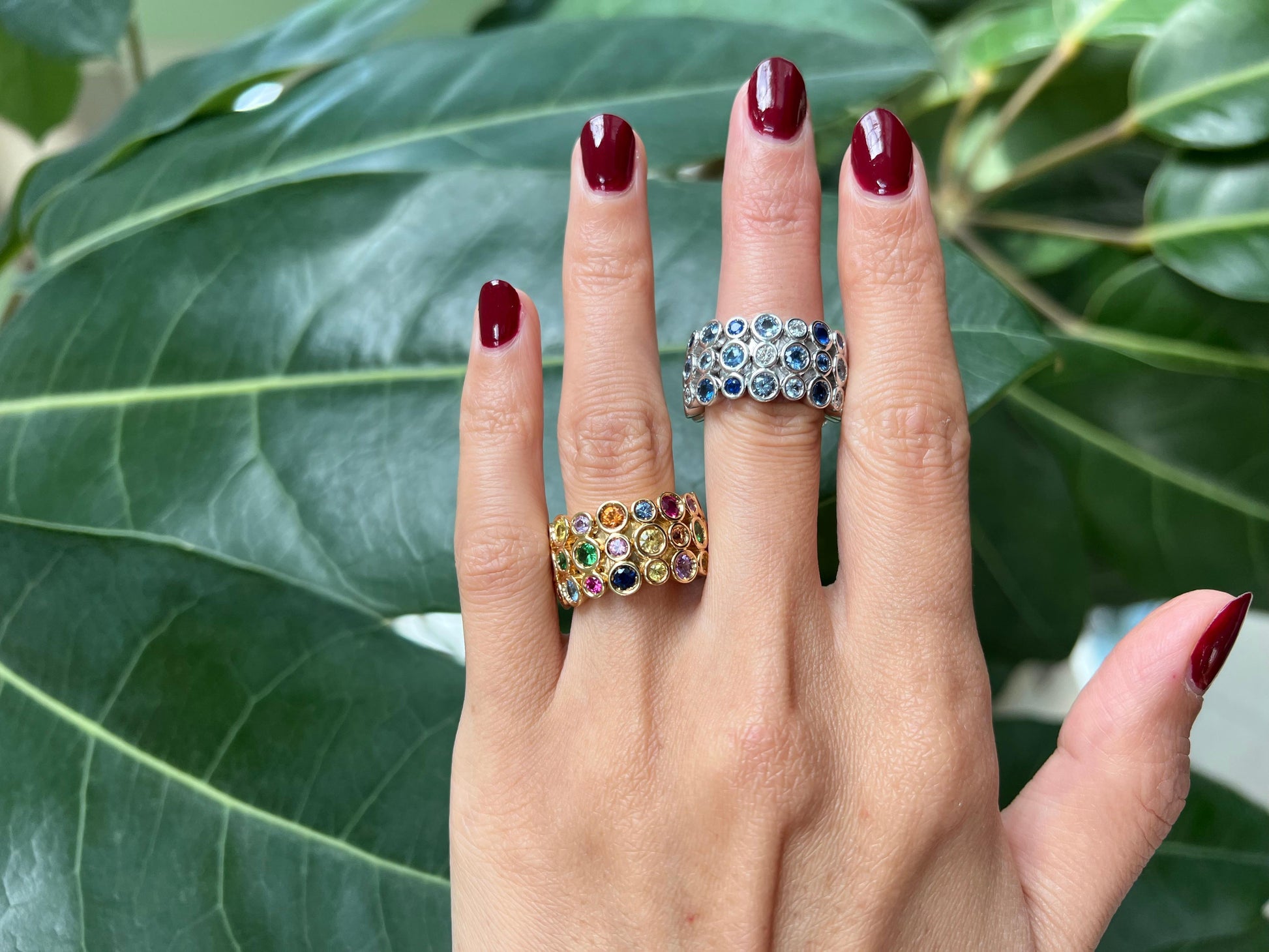 Multicolor Rainbow Sapphire Gemstone Bezel Eternity Band 18K Yellow Gold Ring