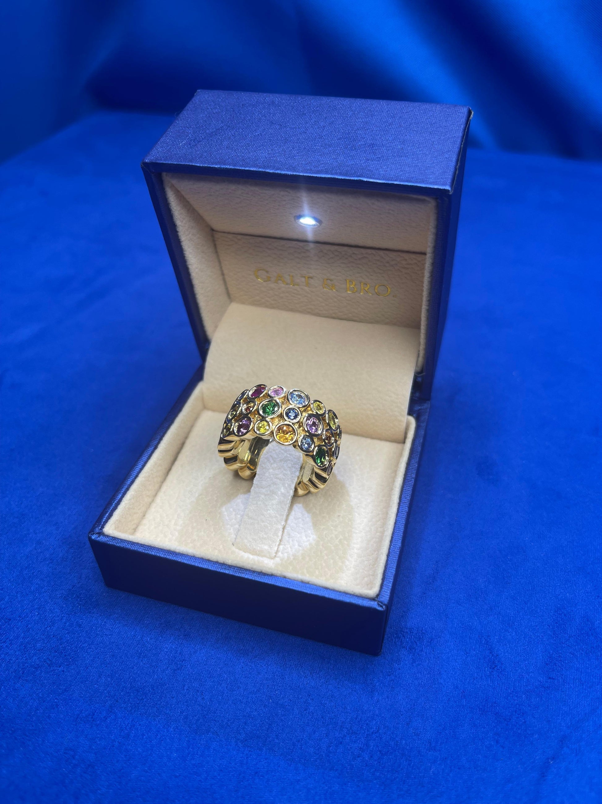 Multicolor Rainbow Sapphire Gemstone Bezel Eternity Band 18K Yellow Gold Ring