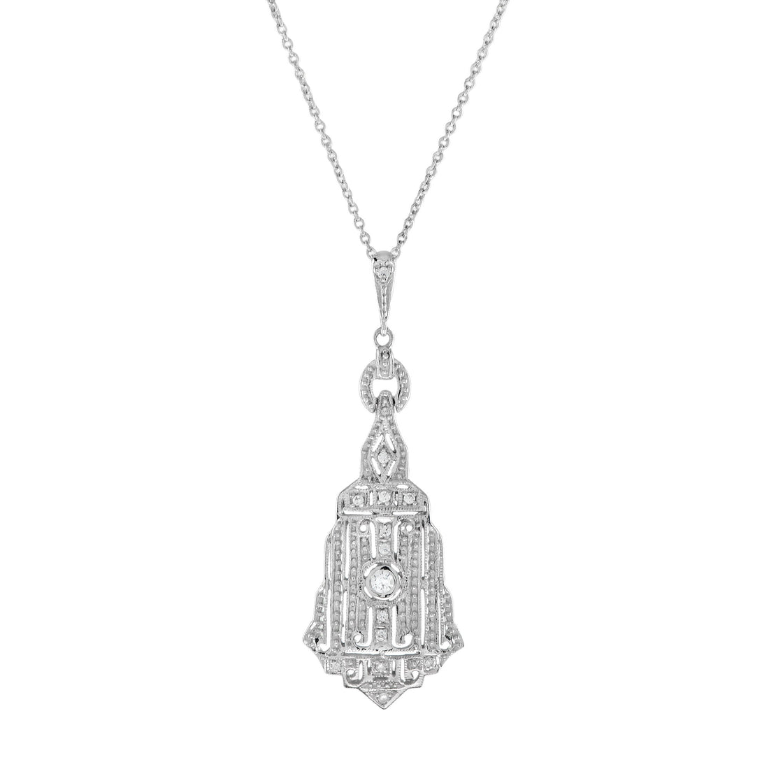 Diamond Art Deco Style 14K White Gold Chandelier Motif Pendant Necklace