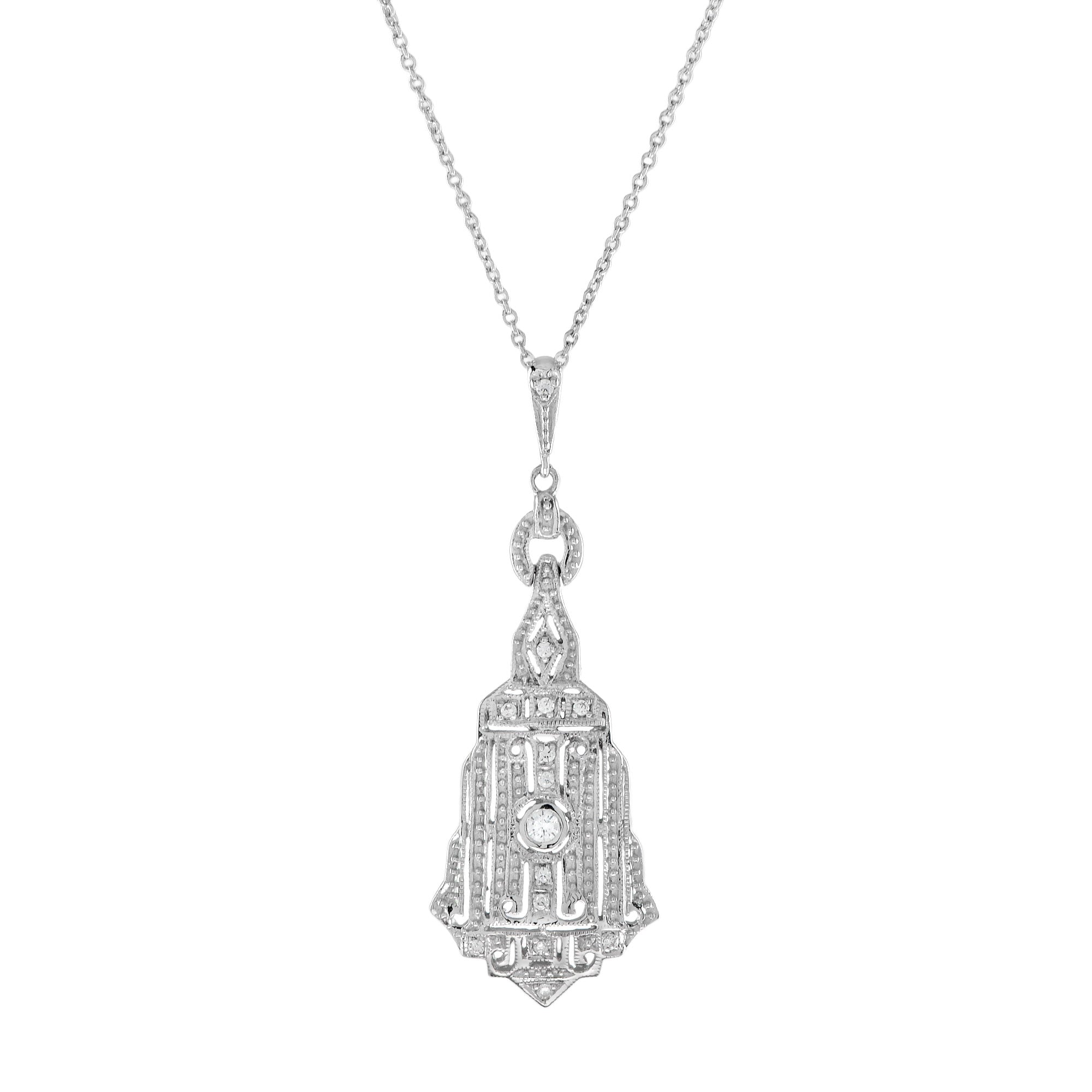 Diamond Art Deco Style 14K White Gold Chandelier Motif Pendant Necklace