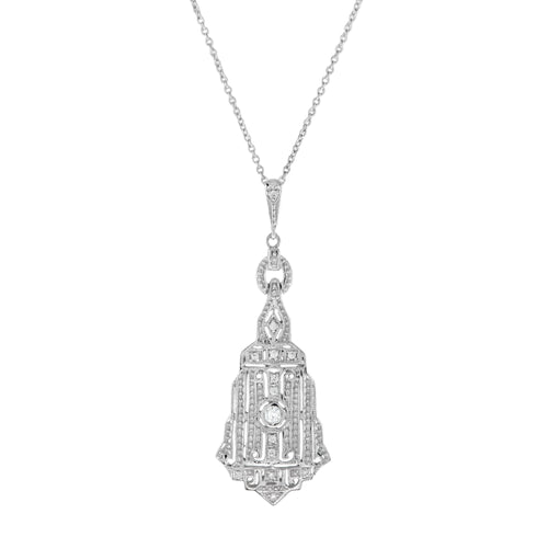 Diamond Art Deco Style 14K White Gold Chandelier Motif Pendant Necklace