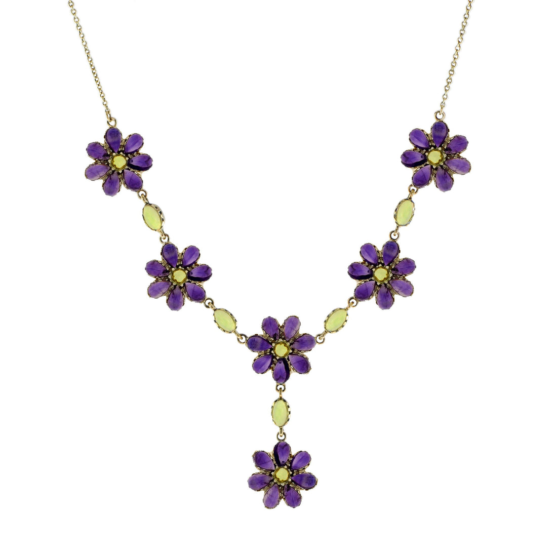 Green Peridot & Violet Amethyst Vintage Style Floral Bib Princess Gold Necklace
