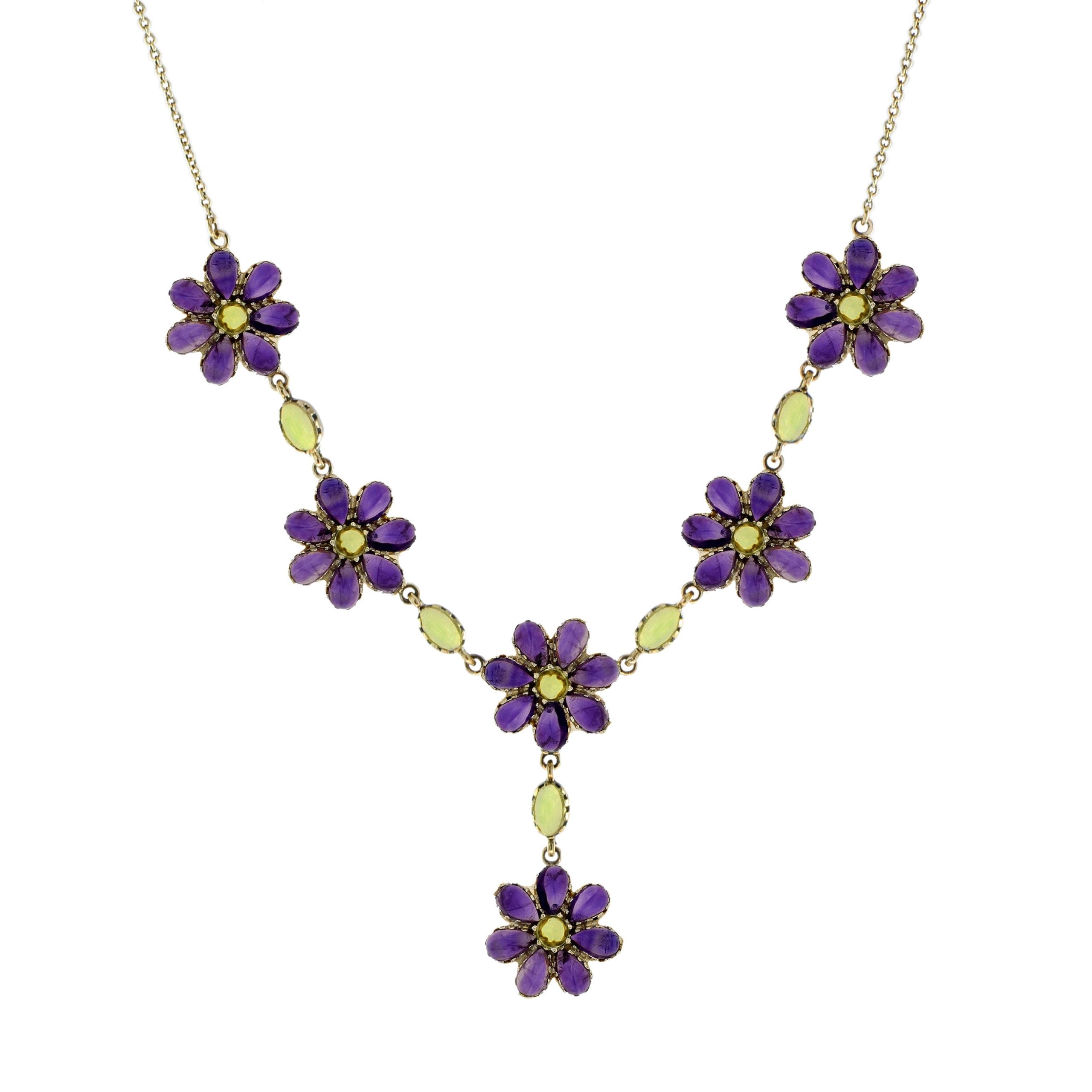 Green Peridot & Violet Amethyst Vintage Style Floral Bib Princess Gold Necklace