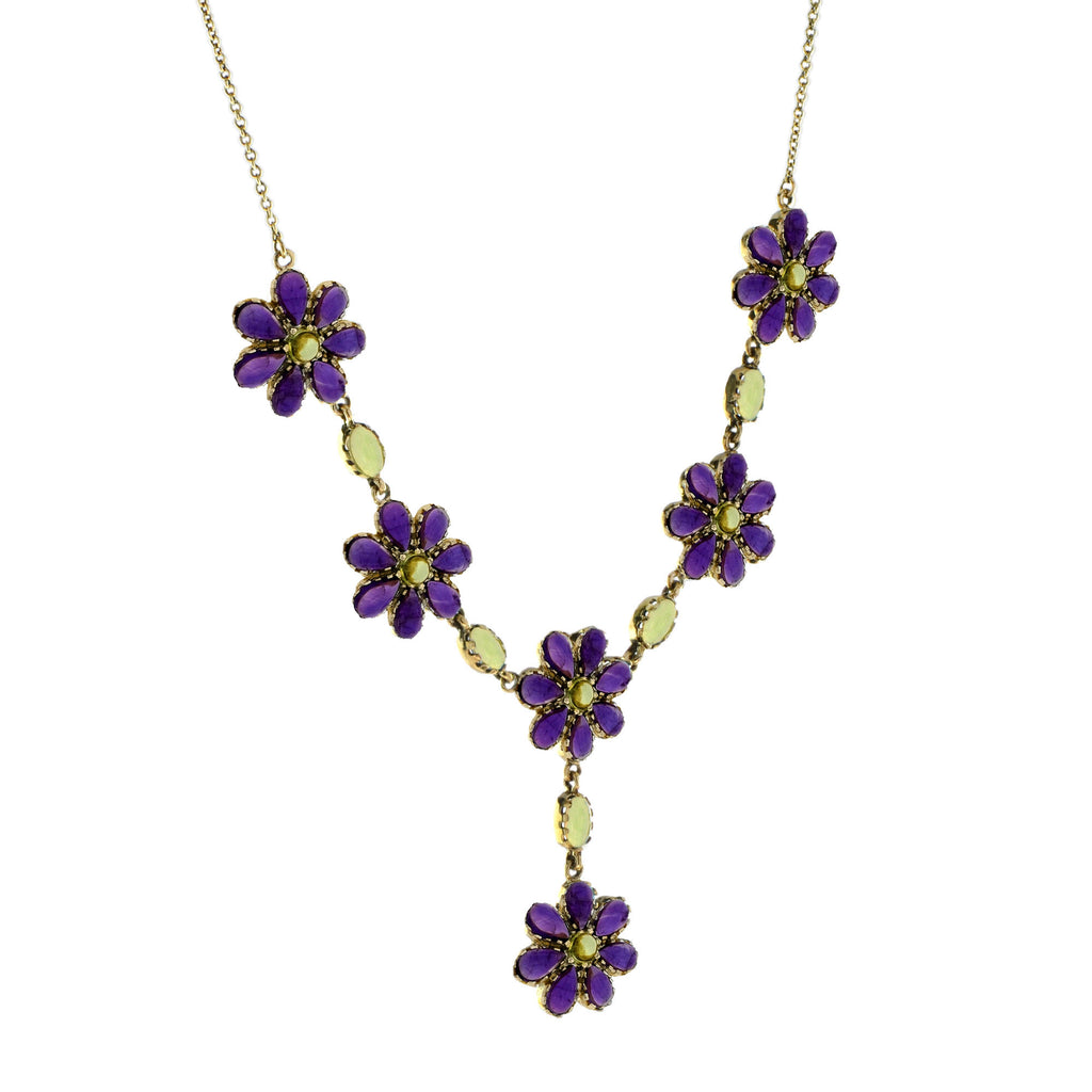 Green Peridot & Violet Amethyst Vintage Style Floral Bib Princess Gold Necklace