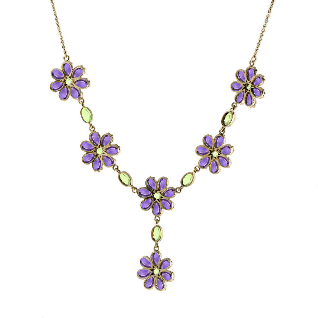 Green Peridot & Violet Amethyst Vintage Style Floral Bib Princess Gold Necklace