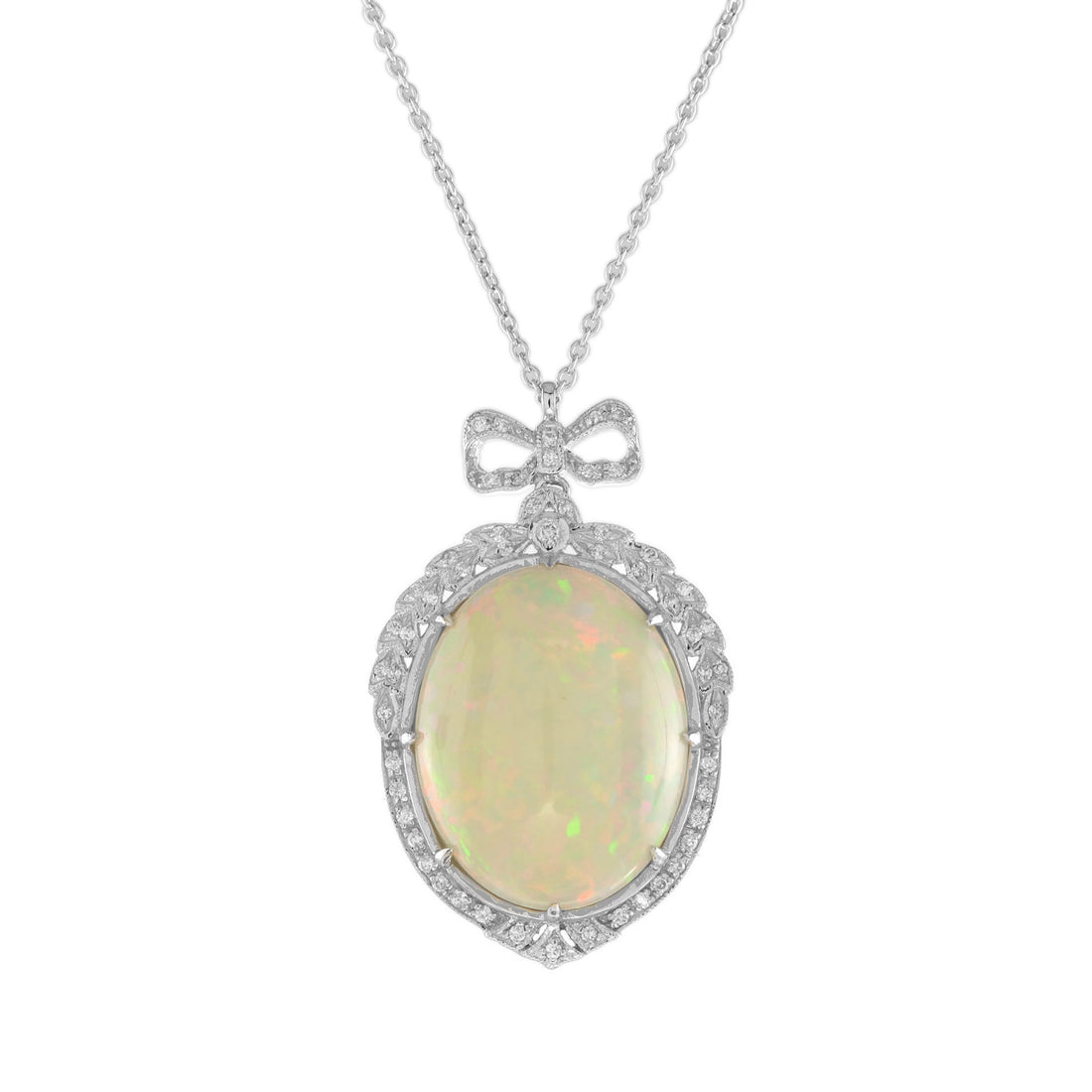 Edwardian Style 15.39 Ethiopian Opal & Diamond 18K White Gold Vintage Necklace