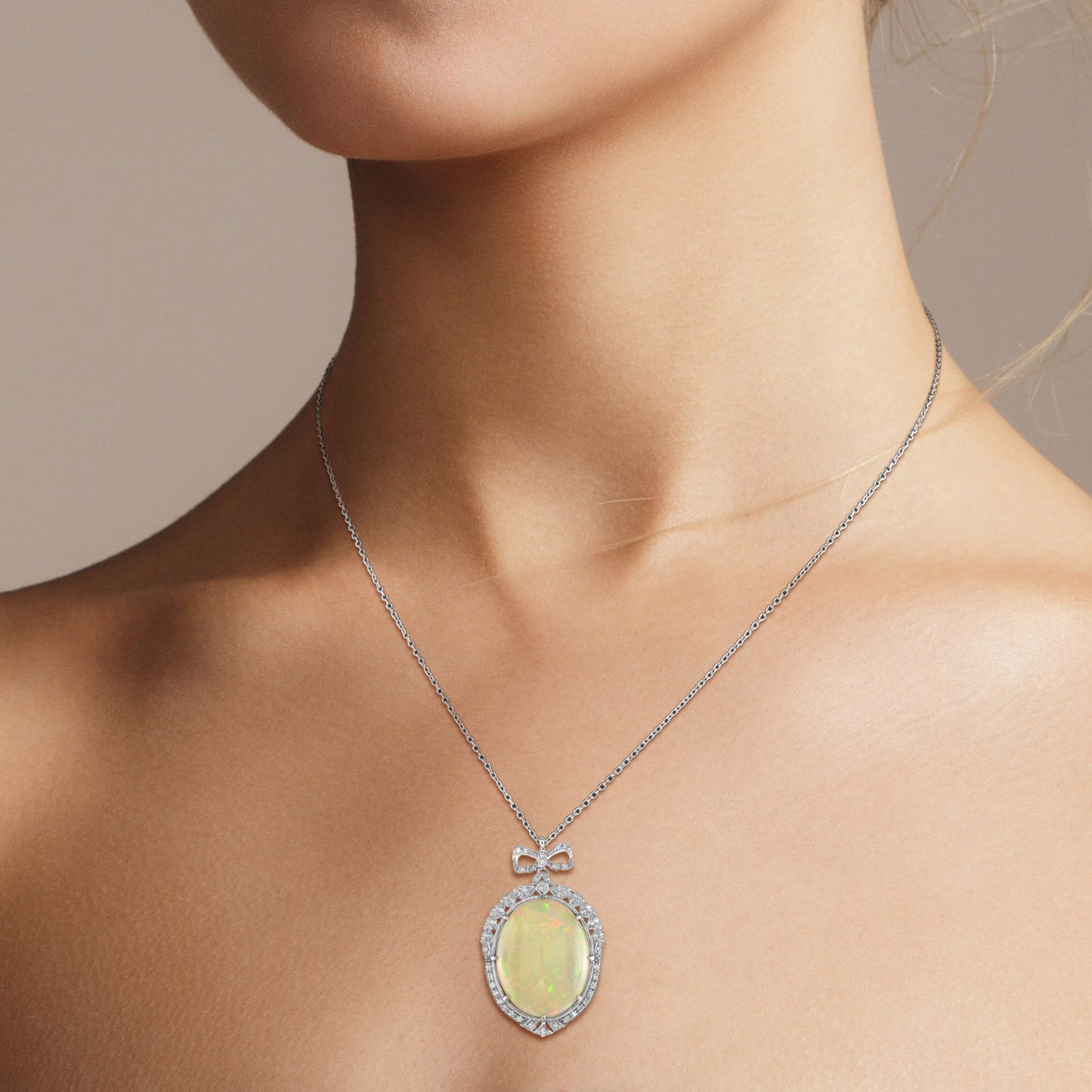 edwardian style 15.39 ethiopian opal & diamond 18k white gold vintage necklace