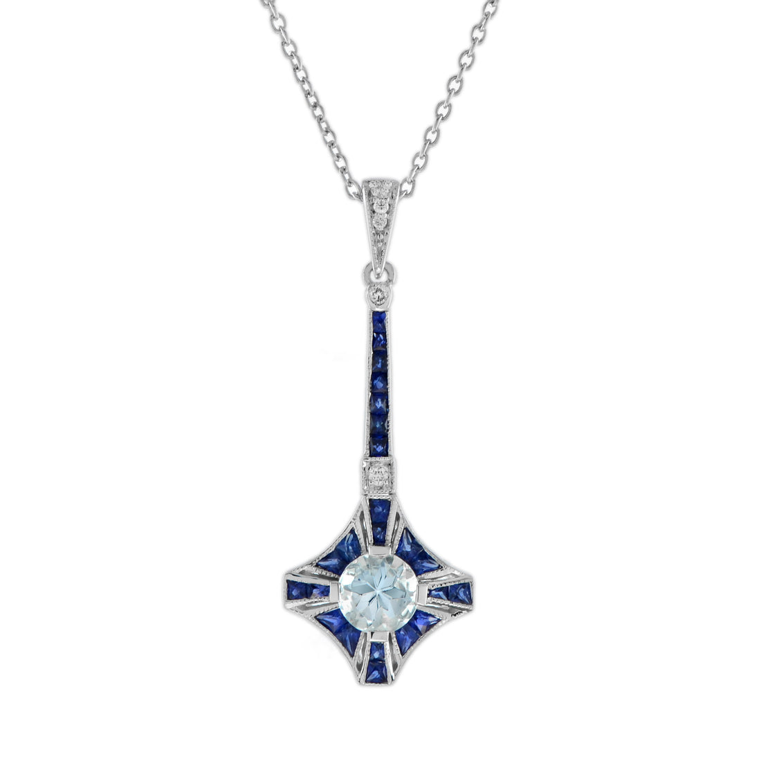 Blue Aquamarine Sapphire Diamond Art Deco Style 18K White Gold Pendant Necklace
