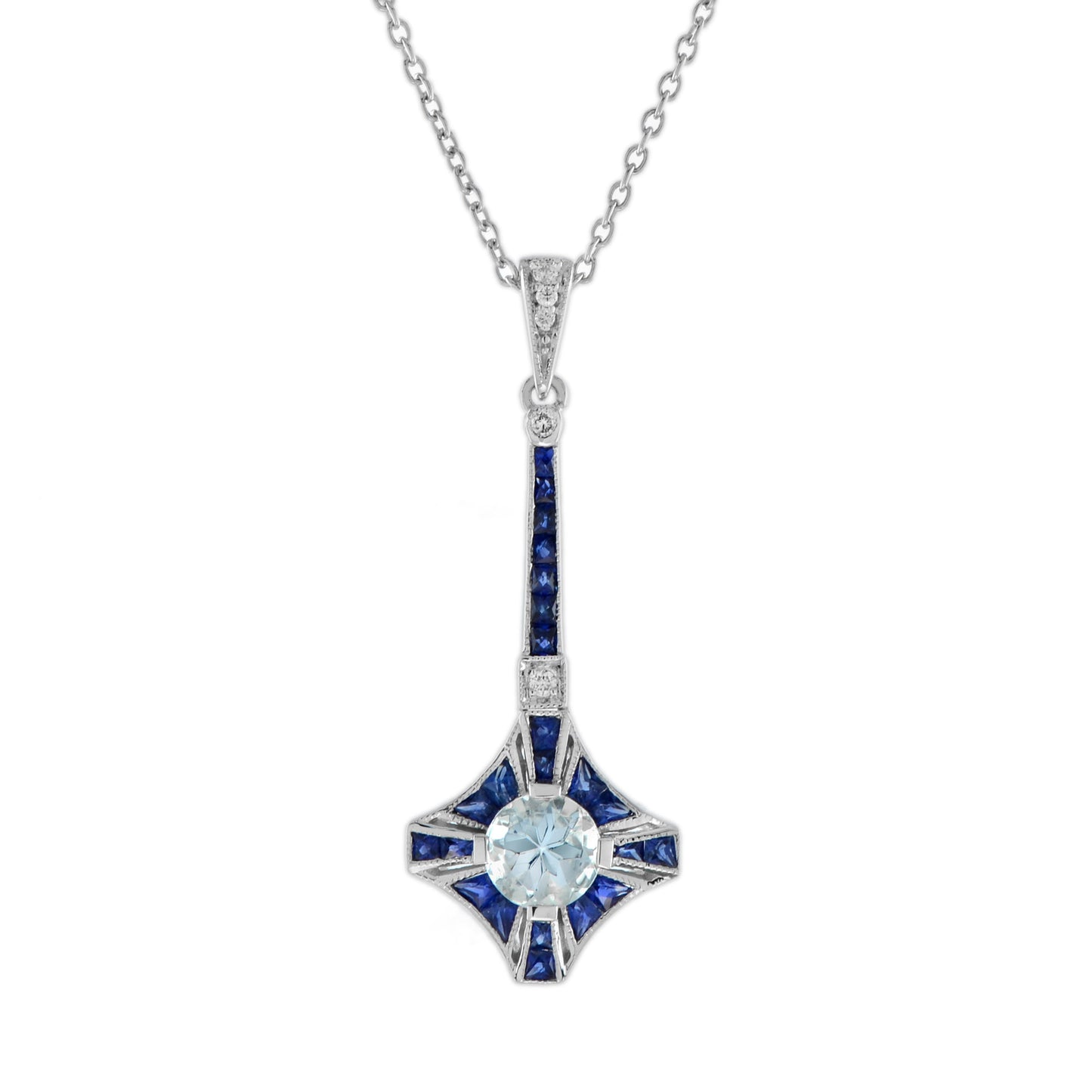 blue aquamarine sapphire diamond art deco style 18k white gold pendant necklace