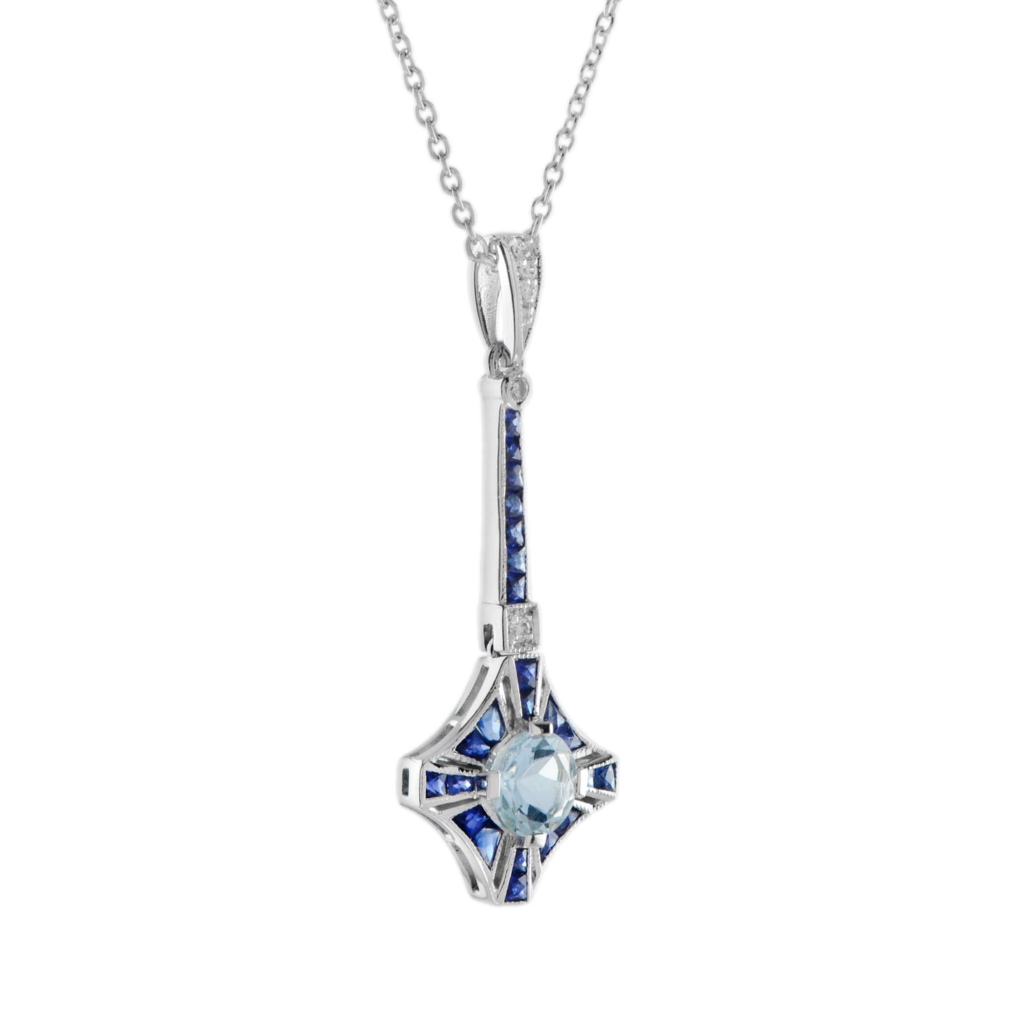 blue aquamarine sapphire diamond art deco style 18k white gold pendant necklace