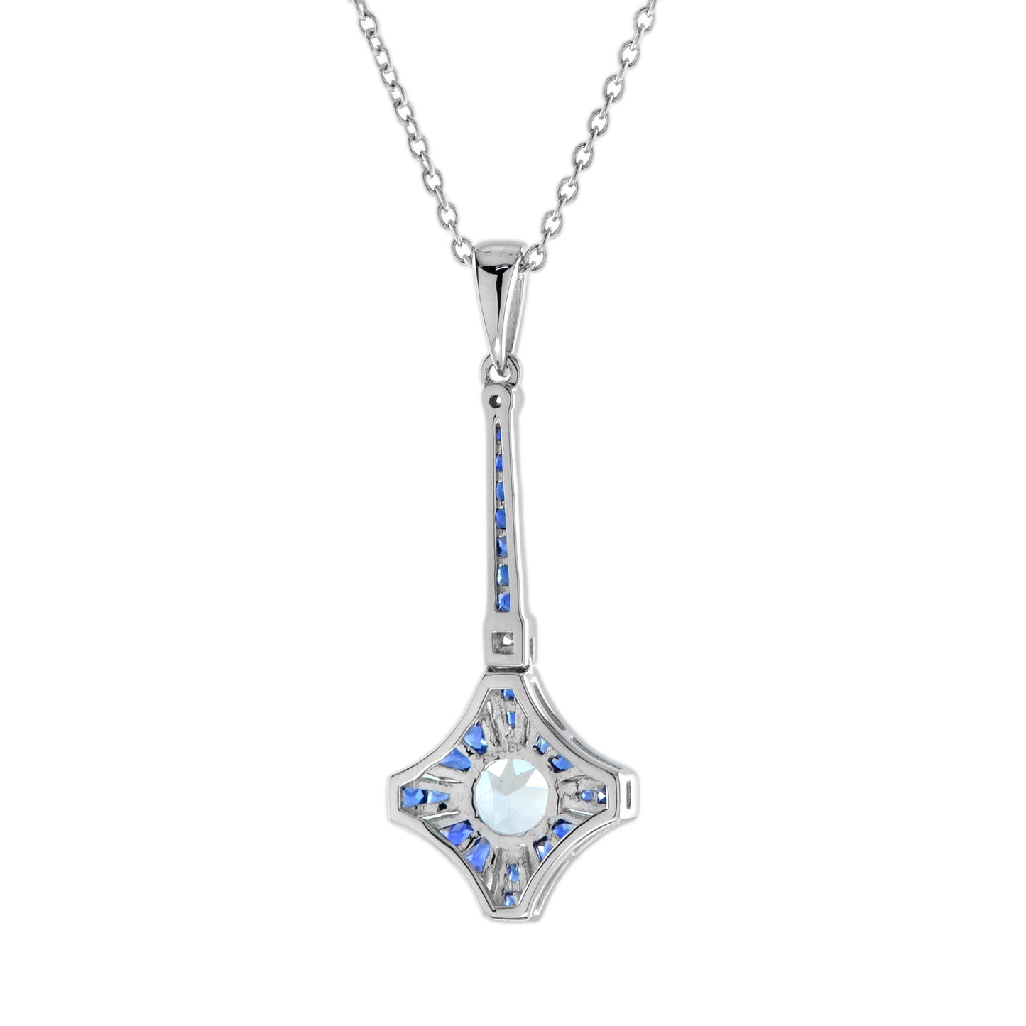 blue aquamarine sapphire diamond art deco style 18k white gold pendant necklace