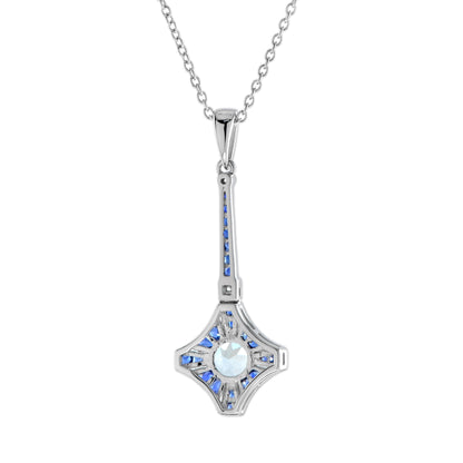 Blue Aquamarine Sapphire Diamond Art Deco Style 18K White Gold Pendant Necklace