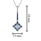 Blue Aquamarine Sapphire Diamond Art Deco Style 18K White Gold Pendant Necklace