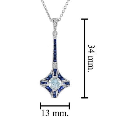 Blue Aquamarine Sapphire Diamond Art Deco Style 18K White Gold Pendant Necklace