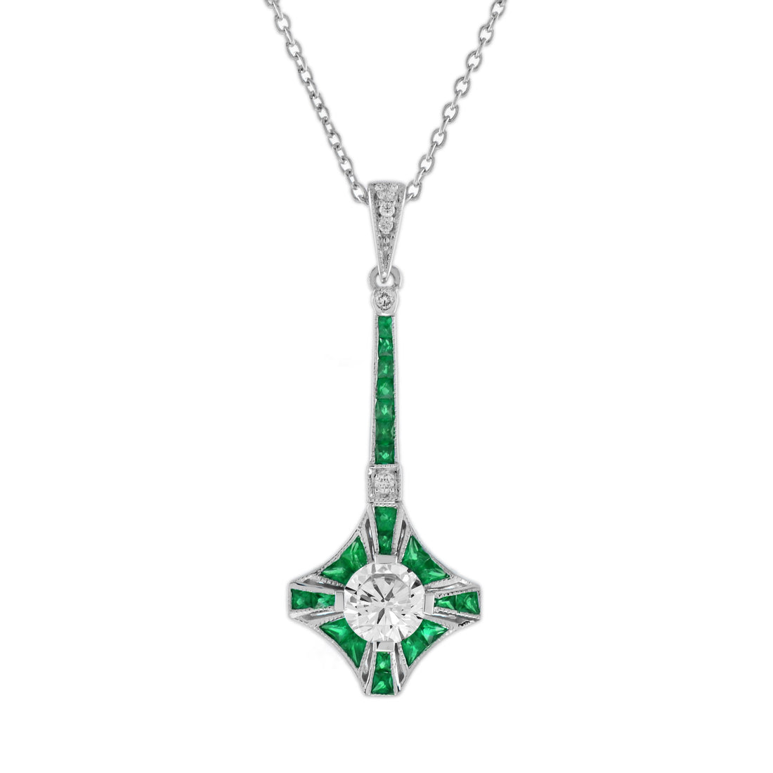 Round Diamond & Green Emerald Art Deco Style 14K White Gold Pendant Necklace